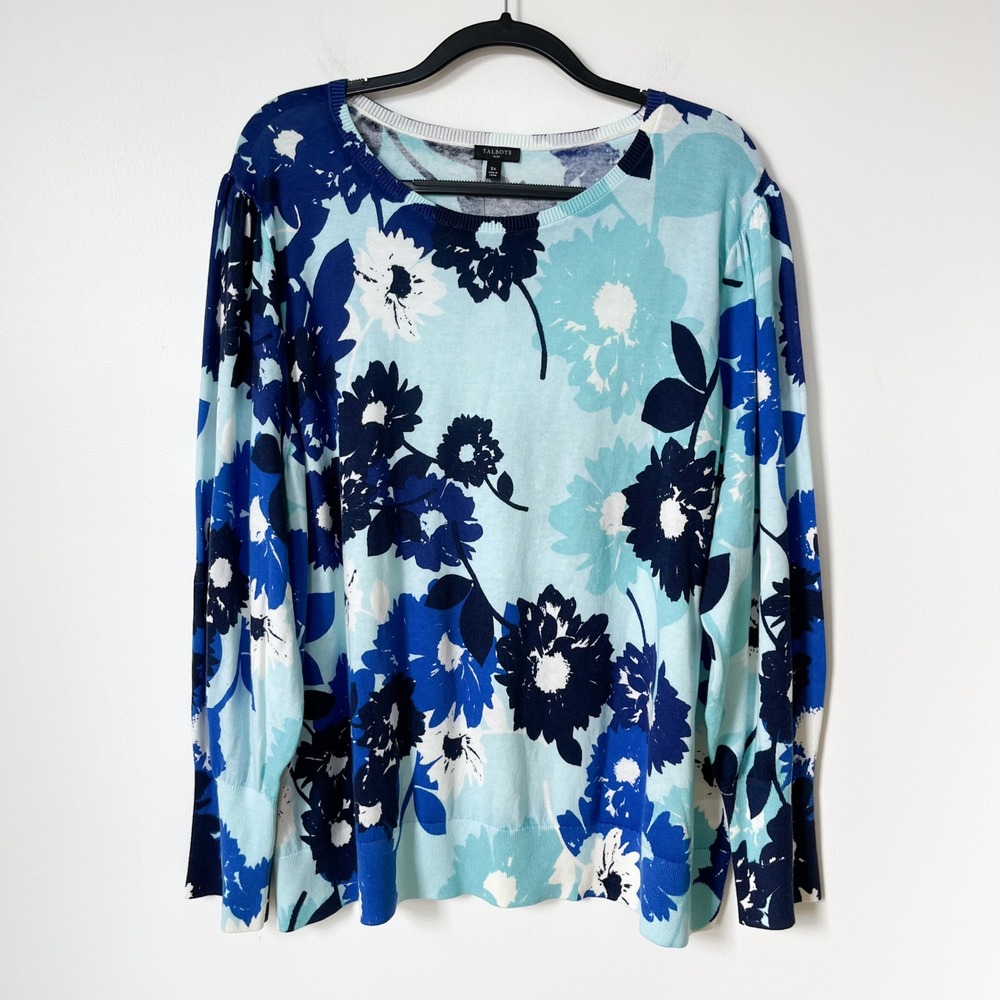 NEW Talbots Plus Puff Sleeve Lightweight Sweater Blue Abstract Floral Womens 3X - Picture 2 of 12